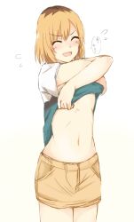 Rule 34 | 1girl, :d, blonde hair, blue shirt, blush, breasts, brown hair, closed eyes, clothes lift, collarbone, lifting own clothes, midriff, miniskirt, miyamori aoi, multicolored hair, navel, open mouth, roots (hair), shirobako, shirt, shirt lift, short hair, short sleeves, simple background, skirt, small breasts, smile, solo, speech bubble, standing, stomach, sweatdrop, tahita1874, two-tone hair, underboob, white background, white sleeves, yellow skirt