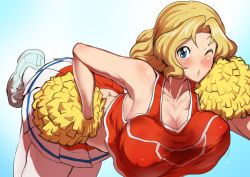 Rule 34 | 1girl, ;o, alternate costume, blonde hair, blue eyes, blue footwear, blush, breasts, cheerleader, cleavage, girls und panzer, hair intakes, hanging breasts, holding, holding pom poms, huge breasts, kay (girls und panzer), leaning forward, miniskirt, motion lines, one eye closed, pleated skirt, pom pom (cheerleading), pom poms, red shirt, sasaki tatsuya, shirt, shoes, single horizontal stripe, skirt, sneakers, socks, solo, star-shaped pupils, star (symbol), sweat, symbol-shaped pupils, tank top, white skirt, white socks