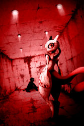 Rule 34 | 2others, arms at sides, black eyes, black sclera, blood on hands, bloodshot eyes, cat tail, ceiling, colored sclera, creatures (company), dutch angle, from behind, full body, furry, game freak, gen 1 pokemon, hallway, highres, indoors, legendary pokemon, looking back, mewtwo, multiple others, nintendo, pokemon, pokemon (creature), red theme, ribero, sitting, standing, tail, tile ceiling, tile floor, tile wall, tiles, veins, veiny arms