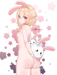 Rule 34 | 1girl, animal ears, arms behind back, artist logo, ass, blonde hair, blush, braid, breasts, flower, french braid, from behind, hair flower, hair ornament, highres, lewdlux, looking at viewer, looking back, nipples, nude, original, rabbit ears, rabbit girl, rabbit tail, red eyes, small breasts, smile, solo, standing, stuffed animal, stuffed rabbit, stuffed toy, tail