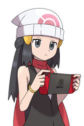 Rule 34 | 1girl, asatsuki (fgfff), beanie, black hair, bracelet, closed mouth, commentary request, creatures (company), dawn (pokemon), eyelashes, game freak, grey eyes, hair ornament, hairclip, handheld game console, hands up, hat, highres, holding, holding handheld game console, jewelry, long hair, nintendo, nintendo switch, pokemon, pokemon dppt, red scarf, scarf, simple background, solo, white background, white hat
