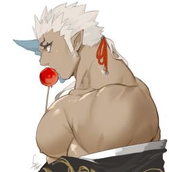 Rule 34 | 1boy, bara, bare pectorals, black kimono, candy apple, dark-skinned male, dark skin, eating, fang, food, from side, gomtang, half mask, horned mask, horns, japanese clothes, kimono, large pectorals, long hair, long sideburns, male focus, mask, mature male, monster boy, muscular, muscular male, nipples, no pupils, oni mask, open clothes, open kimono, pectorals, ponytail, profile, shuten douji (housamo), sideburns, single horn, solo, tokyo houkago summoners, upper body, white hair