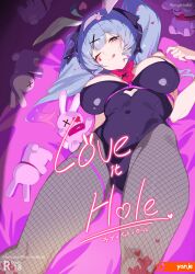 Rule 34 | 1girl, absurdres, ahoge, animal ears, armpits, arms up, black leotard, blue eyes, blue hair, blush, breasts, detached collar, fake animal ears, fishnet pantyhose, fishnets, hair ornament, hatsune miku, highres, large breasts, leotard, long hair, looking at viewer, lying, on back, pantyhose, playboy bunny, rabbit ears, rabbit hole (vocaloid), smile, solo, thighs, twintails, vocaloid, x hair ornament, yanje