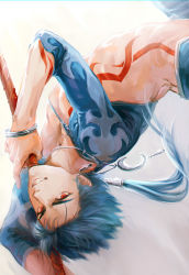 Rule 34 | 1boy, bad id, bad pixiv id, bare pectorals, blue hair, bracelet, changye, chest tattoo, cu chulainn (fate), cu chulainn (fate/stay night), cu chulainn (second ascension) (fate), earrings, fate/grand order, fate (series), gae bolg (fate), jewelry, long hair, male focus, official alternate costume, pectorals, polearm, ponytail, red eyes, shrug (clothing), solo, spear, tattoo, upside-down, weapon