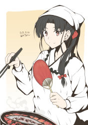 Rule 34 | 1girl, apron, bandana, black hair, brown eyes, commentary request, commission, dated, fish, fish (food), forehead, grill, hair intakes, hair over shoulder, hand fan, highres, holding, holding fan, japanese clothes, kantai collection, kappougi, long hair, paper fan, ponytail, saury, shouhou (kancolle), solo, taira yuuki, uchiwa, upper body
