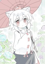 Rule 34 | 1girl, animal ear fluff, animal ears, commentary request, expressionless, highres, holding, holding umbrella, inubashiri momiji, kibisake, long sleeves, looking at viewer, pink eyes, pom pom (clothes), rain, short hair, sketch, solo, thick eyebrows, touhou, umbrella, white hair, wide sleeves, wolf ears