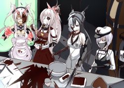 Rule 34 | 10s, 4girls, abyssal ship, apron, bare shoulders, black hair, breasts, chocolate, cooking, cyborg, dark persona, elbow gloves, female abyssal admiral (kancolle), female admiral (kancolle), glasses, gloves, hat, headgear, highres, kantai collection, long hair, maid apron, multicolored hair, multiple girls, musashi (kancolle), nagato (kancolle), ogawa-syou, ogawa shou, personification, ponytail, twintails, two-tone hair, valentine, yamato (kancolle)