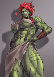 Rule 34 | 1509virgoart, 1girl, abs, absurdres, bra, closed eyes, colored skin, female orc, green skin, hands on own hips, heart, highres, loincloth, muscular, muscular female, orc, original, pointy ears, red hair, scar, scar on arm, scar on breasts, scar on face, scar on leg, scar on shoulders, scar on stomach, shadow, simple background, solo, torn clothes, torn loincloth, tusks, underwear