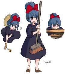 Rule 34 | 1girl, blue hair, bow, broom, broom riding, brown footwear, closed mouth, cosplay, flying sweatdrops, hair bow, hair bun, holding, holding broom, kiki (majo no takkyuubin), kiki (majo no takkyuubin) (cosplay), majo no takkyuubin, mint (mintlemonade3), open mouth, purple eyes, red bow, shima rin, short hair, simple background, solo, white background, yurucamp
