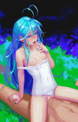Rule 34 | 10s, 1boy, 1girl, ahoge, blue eyes, blue hair, breasts, clothed female nude male, clothes pull, clothing aside, cowgirl position, denpa onna to seishun otoko, doyora, drooling, finger to mouth, girl on top, hetero, highres, long hair, nail polish, nipples, nude, one-piece swimsuit, one-piece swimsuit pull, open mouth, pussy, saliva, school swimsuit, sex, small breasts, solo focus, straddling, swimsuit, swimsuit aside, touwa erio, uncensored, vaginal, white one-piece swimsuit, white school swimsuit