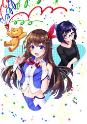 Rule 34 | 2girls, a-chan (hololive), absurdres, ankimo (tokino sora), bare shoulders, black-framed eyewear, black shirt, black sleeves, blouse, blue eyes, blue hair, bow, bowtie, brown hair, buttons, collarbone, detached sleeves, glasses, groin, hair bow, hair ornament, highres, hololive, long hair, looking at viewer, midriff, mikannsisyou, multiple girls, navel, open mouth, party popper, red neckwear, shirt, star (symbol), star hair ornament, streamers, stuffed animal, stuffed toy, teddy bear, tokino sora, tokino sora (1st costume), tongue, virtual youtuber, white shirt