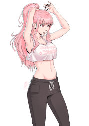 Rule 34 | 1girl, adjusting hair, alternate costume, armpits, arms up, black pants, breasts, crop top, drawstring, groin, hairband, highres, hololive, hololive english, long hair, looking to the side, medium breasts, midriff, mori calliope, mori calliope (streetwear), navel, omniformblue, pants, pink hair, ponytail, red eyes, sidelocks, signature, solo, sweatpants, virtual youtuber, white background