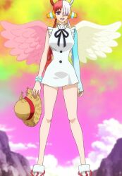 Rule 34 | 1girl, angel wings, bare legs, bare shoulders, breasts, curvy, dress, hair over one eye, hat, headphones, highres, holding, holding clothes, holding hat, large breasts, long hair, long sleeves, looking at viewer, multicolored hair, one piece, one piece film: red, open mouth, outdoors, purple eyes, red hair, ryona, screencap, sky, solo, straw hat, third-party edit, toei animation, two-tone hair, uta (one piece), very long hair, white dress, white hair, wide hips, wings