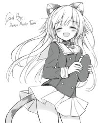 Rule 34 | 1girl, :d, animal collar, animal ears, bad id, bad pixiv id, blush, cat ears, cat tail, closed eyes, collar, cowboy shot, english text, greyscale, hair between eyes, hat, holding, holding clothes, holding hat, long hair, long sleeves, masushita, monochrome, open mouth, original, peaked cap, personification, pleated skirt, reverse translation, school uniform, simple background, skirt, smile, solo, standing, station master tama, tail, tears, unworn hat, unworn headwear, white background