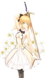 Rule 34 | 1girl, absurdres, arm up, artoria pendragon (all), artoria pendragon (fate), black bow, black neckwear, black pantyhose, blonde hair, bow, breasts, cleavage, cowboy shot, detached collar, doggo34476335, excalibur (fate/stay night), fate/unlimited codes, fate (series), floating hair, flower, gloves, green eyes, hair bow, high ponytail, highres, holding, holding sword, holding weapon, long hair, medium breasts, medium skirt, pantyhose, ponytail, saber lily, sidelocks, simple background, skirt, sleeveless, solo, standing, strapless, sword, weapon, white background, white flower, white gloves, white skirt
