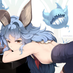 Rule 34 | 10s, 1girl, animal ears, backless outfit, bare shoulders, blue hair, breasts, brown eyes, erune, ferry (granblue fantasy), granblue fantasy, long hair, looking at viewer, sideboob, small breasts, solo, sts, twitter username