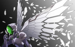 Rule 34 | 10s, 1boy, accel world, arita haruyuki, armor, breastplate, collarbone, duel avatar, feathers, from side, gradient background, helmet, male focus, mechanical wings, oukasirayami, shoulder pads, silver crow, simple background, solo, upper body, wings