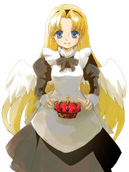 Rule 34 | 1girl, alice (alicesoft), alice soft, asato04, black bow, black dress, black hairband, blonde hair, blue eyes, bow, crown, dress, hairband, highres, holding, holding crown, long sleeves, parted bangs, puffy long sleeves, puffy sleeves, simple background, smile, solo, standing, white background, wings
