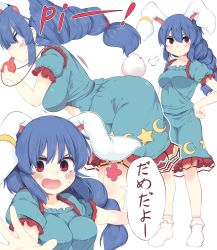 Rule 34 | 1girl, puff of air, animal ears, bare legs, bent over, blue dress, blue hair, braid, breasts, commentary request, crescent, dress, hand on own hip, lolimate, long hair, looking at viewer, low-tied long hair, medium breasts, multiple views, open mouth, puffy short sleeves, puffy sleeves, rabbit ears, rabbit tail, red eyes, seiran (touhou), short dress, short sleeves, simple background, socks, star (symbol), sweatdrop, tail, touhou, whistle, white background, white legwear