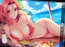 Rule 34 | 1girl, beach, bikini, breasts, cellphone, cleavage, day, drink, female focus, front-tie top, highres, iphone, large breasts, lens flare, liu guniang, looking at viewer, lying, navel, on side, original, phone, red eyes, red hair, rubber duck, shiny skin, short hair, side-tie bikini bottom, smartphone, smile, solo, strap lift, swimsuit, towel