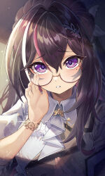 Rule 34 | 1girl, absurdres, adjusting eyewear, ascot, azki (4th costume) (hololive), azki (hololive), black hair, bracelet, brown jacket, collared dress, colored inner hair, double-parted bangs, dress, furrowed brow, glasses, hair between eyes, hair ornament, hairclip, half updo, highres, hololive, jacket, jewelry, looking at viewer, mole, mole under eye, multicolored hair, official alternate costume, parted lips, pink hair, purple eyes, semi-rimless eyewear, sleeves past elbows, solo, touji (tozi526), upper body, virtual youtuber, white ascot, white dress