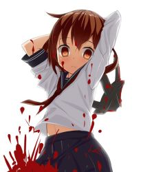 Rule 34 | 10s, 1girl, akai ronii, anchor, bad id, bad twitter id, blood, blood splatter, bloody weapon, brown eyes, brown hair, cowboy shot, empty eyes, fang, fang out, hair ornament, hairclip, ikazuchi (kancolle), kantai collection, neckerchief, pixelated, pleated skirt, red neckerchief, school uniform, serafuku, short hair, simple background, skirt, solo, weapon, white background, yandere