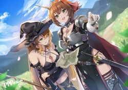 Rule 34 | 2girls, :d, armor, bangle, black dress, black headwear, blush, boots, bracelet, breastplate, breasts, brown hair, cleavage, commission, crossover, day, detached sleeves, dress, girls&#039; frontline, gloves, green eyes, hair between eyes, hair ribbon, hair rings, hat, headgear, heart, heart necklace, holding, holding map, holding staff, jewelry, kantai collection, large breasts, leaning forward, long hair, looking at viewer, map, multiple girls, mutsu (kancolle), necklace, open mouth, outdoors, pelvic curtain, pointing, retsuna, ribbon, ring, sheath, sheathed, short hair, shoulder armor, side slit, sidelocks, signature, smile, springfield (girls&#039; frontline), staff, sword, thigh boots, thighhighs, weapon, wedding band