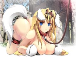 Rule 34 | 1girl, all fours, anal, anal tail, animal ears, artist cg, bare shoulders, bitch taken for walk, blonde hair, blue eyes, breast press, breasts, building, butt plug, collar, covering privates, dog ears, fake tail, highres, human pet, kyoro (cothurnus), large breasts, leash, long hair, looking at viewer, nude, original, outdoors, pet play, petgirl, sex toy, slave, tail, tree