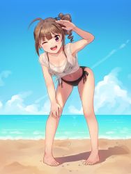Rule 34 | 10s, 1girl, ;d, ahoge, armpits, bare shoulders, barefoot, beach, bent over, bikini, bikini under clothes, black bikini, blue sky, breasts, brown hair, cleavage, cloud, collarbone, day, drill hair, full body, hair ornament, hair scrunchie, hand on own knee, hand up, idolmaster, idolmaster million live!, kamille (vcx68), leaning forward, long hair, looking at viewer, medium breasts, navel, ocean, one eye closed, open mouth, outdoors, purple eyes, sand, scrunchie, see-through, shirt, side-tie bikini bottom, side ponytail, sidelocks, sky, sleeveless, sleeveless shirt, smile, solo, standing, stomach, swimsuit, teeth, tied shirt, toes, topknot, water drop, wet, wet clothes, wet shirt, white shirt, yokoyama nao