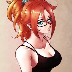 Rule 34 | 1girl, alternate costume, alternate hairstyle, android, android 21, arms at sides, bare arms, bare shoulders, black-framed eyewear, black shirt, black tank top, blouse, blue eyes, breasts, brown hair, cleavage, collarbone, commentary request, curly hair, dragon ball, dragon ball fighterz, female focus, glasses, gradient background, grey background, hair between eyes, hair ornament, hair up, high ponytail, kemachiku, large breasts, long hair, looking at viewer, lowres, neck, parted lips, ponytail, scrunchie, shirt, simple background, solo, tank top, upper body