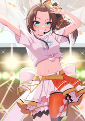 Rule 34 | 1girl, ahoge, arm up, back bow, bad id, bad pixiv id, belt, bow, bowsan, breasts, brown hair, green eyes, grin, headset, highres, hololive, idol, long hair, looking at viewer, natsuiro matsuri, navel, orange thighhighs, shirt, side ponytail, single thighhigh, small breasts, smile, solo, stage, stomach, thigh scrunchie, thighhighs, tied shirt, virtual youtuber
