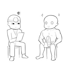 Rule 34 | 2boys, bald, band-width, bandages, clipboard, collarbone, doctor, empty eyes, greyscale, head mirror, highres, monochrome, multiple boys, original, pectorals, sitting, smile, squiggle, star (symbol), stool