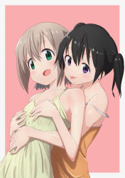Rule 34 | 2girls, bare shoulders, black hair, breasts, camisole, collarbone, commentary, green eyes, grey hair, groping, hug, kohshibasaki, kuraue hinata, looking at viewer, multiple girls, open mouth, pink background, purple eyes, short hair, sleeveless, small breasts, spaghetti strap, strap slip, tongue, tongue out, twintails, yama no susume, yukimura aoi