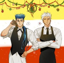 Rule 34 | !, !!, 2boys, apron, archer (fate), black apron, black necktie, black vest, blue hair, christmas ornaments, collared shirt, commentary request, cu chulainn (fate), cu chulainn (fate/stay night), dark-skinned male, dark skin, fate/stay night, fate (series), g0ringo, grey eyes, holding, long hair, looking at another, male focus, mistletoe, multicolored background, multiple boys, muscular, muscular male, necktie, ponytail, red eyes, shirt, signature, spiked hair, vest, waiter, white apron, white hair, white shirt