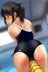 Rule 34 | 1girl, absurdres, arched back, arm support, ass, bare shoulders, black hair, black one-piece swimsuit, blurry, blurry background, blush, brown eyes, ceiling, closed mouth, commentary, cowboy shot, depth of field, dutch angle, embarrassed, from behind, highres, indoors, leaning forward, long hair, looking at viewer, looking back, matsunaga kouyou, new school swimsuit, nose blush, one-piece swimsuit, original, ponytail, pool, school swimsuit, shiny clothes, sidelocks, solo, straddling, swimsuit, thigh gap, tile ceiling, tiles, water