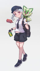 Rule 34 | 1girl, backpack, bag, black footwear, black gloves, black headwear, black necktie, black shorts, blush, braid, breasts, cabbie hat, can, closed mouth, collared shirt, commentary, creatures (company), drawstring, earrings, fingerless gloves, full body, game freak, gen 4 pokemon, gloves, grey background, grey hair, hat, head tilt, highres, holding, holding can, jewelry, juliana (pokemon), looking at viewer, midriff peek, necktie, nintendo, on shoulder, pokemon, pokemon sv, purple eyes, rotom, rotom phone, shirt, shoes, short shorts, short sleeves, shorts, simple background, single braid, small breasts, smile, sprigatito, stud earrings, symbol-only commentary, uneg, white shirt