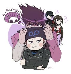 Rule 34 | 1girl, 3boys, ?, ??, @ @, alien, animal ear headwear, animal ears, artist name, asymmetrical sleeves, baseball cap, beanie, black eyes, black hat, black jacket, black sailor collar, black shirt, black sleeves, blanko!, blue hair, blue shirt, blunt bangs, blush stickers, bow, bowtie, brown hair, buttons, cat ears, cigarette, closed mouth, coat, coat partially removed, collared jacket, collared shirt, commentary, confused, covered mouth, cropped torso, crossed arms, danganronpa (series), danganronpa v3: killing harmony, english text, eyelashes, fake animal ears, fingernails, frown, grey jacket, grey sleeves, hair between eyes, hair ornament, hair scrunchie, half-closed eyes, hand on own chin, hands on another&#039;s head, harukawa maki, hat, high collar, highres, holding, holding cigarette, hoshi ryoma, imagining, jacket, layered sleeves, leather, leather jacket, long hair, long sleeves, looking at another, looking to the side, low twintails, mismatched sleeves, momota kaito, mouth hold, multiple boys, nervous sweating, parted lips, pink coat, pink sleeves, purple eyes, purple hair, red scarf, red shirt, red sleeves, saihara shuichi, sailor collar, sailor shirt, scarf, scrunchie, shaded face, shirt, short hair, simple background, sleeves past elbows, spiked hair, striped clothes, striped shirt, sweat, sweatdrop, teeth, thinking, twintails, two-tone shirt, very long hair, white background, white bow, white bowtie, zipper