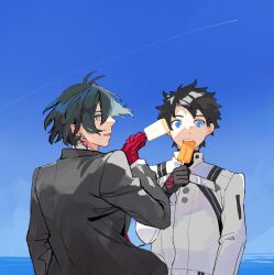 Rule 34 | 2boys, black hair, black suit, blue eyes, blue sky, brown eyes, chaldea uniform, command spell, constantine xi (fate), earrings, fate/grand order, fate (series), food, food in mouth, formal, fujimaru ritsuka (male), gloves, ice cream, jewelry, kitada, looking at viewer, male focus, multiple boys, outdoors, popsicle, popsicle in mouth, profile, red gloves, short hair, sky, smile, suit, upper body