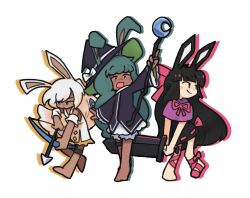 Rule 34 | 3girls, :d, animal ears, arm up, arrow (projectile), barefoot, black dress, black hair, black hat, blue eyes, blue ribbon, blunt bangs, bow, bow (weapon), brown eyes, capelet, chibi, closed mouth, colored shadow, commentary, crescent, dark-skinned female, dark skin, drawing bow, dress, drop shadow, ears through headwear, english commentary, expressionless, foot wraps, full body, greatsword, green hair, hair ribbon, hat, hat bow, heavyblade rabbit, holding, holding bow (weapon), holding staff, holding sword, holding weapon, long hair, long sleeves, looking afar, looking to the side, medium bangs, multiple girls, open mouth, pink bow, pink ribbon, purple capelet, purple eyes, rabbit and steel, rabbit ears, rabbit girl, ribbon, shadow, simple background, slascoplerd, sleeveless, sleeveless dress, smile, sniper rabbit, staff, sword, very long hair, weapon, white background, white bow, white dress, white hair, witch hat, wizard rabbit