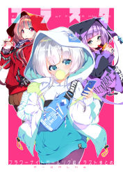 Rule 34 | 3girls, alternate costume, blue eyes, blue hair, brown hair, brown legwear, blowing bubbles, bubble tea, casual, cellphone, chewing gum, columbine (flower knight girl), commentary request, cover, cover page, cup, disposable cup, drinking straw, fanny pack, flower knight girl, fujishima-sei ichi-gou, grey eyes, hatsuyukisou (flower knight girl), highres, holding, holding cup, holding phone, hood, hood up, hoodie, jacket, long hair, long sleeves, multicolored hair, multiple girls, nire (flower knight girl), open clothes, open jacket, pantyhose, phone, pink background, puffy long sleeves, puffy sleeves, purple eyes, purple hair, purple jacket, red hoodie, short eyebrows, silver hair, sleeves past wrists, streaked hair, thick eyebrows, two-tone background, very long hair, white background, white hoodie, white jacket