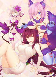 Rule 34 | 3girls, animal ears, arm behind head, bad id, bad pixiv id, bikini, blue gloves, blue thighhighs, blush, breasts, brown eyes, brown hair, cleavage, covered erect nipples, dated, elbow gloves, fate/grand order, fate (series), flower, gloves, green eyes, hair flower, hair ornament, jeanne d&#039;arc (fate), jeanne d&#039;arc alter (avenger) (fate), jeanne d&#039;arc alter (fate), kneeling, large breasts, long hair, looking at viewer, mash kyrielight, mash kyrielight (dangerous beast), medium breasts, multiple girls, nichiru, official alternate costume, open mouth, purple bikini, purple eyes, purple hair, scathach (fate), short hair, silver hair, sitting, smile, sweater, swimsuit, tail, thighhighs, very long hair, wolf ears, wolf tail