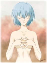Rule 34 | 1girl, ann yosh, ayanami rei, blue hair, breasts, covering privates, covering breasts, expressionless, closed eyes, female focus, highres, interlocked fingers, neon genesis evangelion, nude, short hair, signature, small breasts, solo