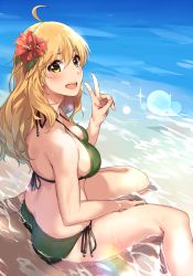 Rule 34 | 1girl, :d, ahoge, ass, bare arms, bare legs, bare shoulders, barefoot, between legs, bikini, blush, breasts, cleavage, collarbone, eyebrows, fingernails, flower, green bikini, green ribbon, hair between eyes, hair flower, hair ornament, hand between legs, hand gesture, hibiscus, highres, hoshii miki, idolmaster, idolmaster (classic), kurokin, long fingernails, long hair, looking at viewer, looking to the side, medium breasts, ocean, open mouth, partially submerged, ribbon, side-tie bikini bottom, sideboob, sitting, smile, solo, spread legs, strap gap, swimsuit, v, wariza, water