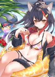 Rule 34 | 1girl, animal ears, bikini, bikini under clothes, black hair, black jacket, blush, breasts, choker, cleavage, cocktail umbrella, cup, dolphin shorts, drinking glass, drinking straw, eating, food, hair ornament, hairclip, highres, holding, holding food, hololive, ice cream bar, innertube, jacket, long hair, medium breasts, mismatched bikini, multicolored hair, navel, off shoulder, official alternate costume, ookami mio, ookami mio (hololive summer 2019), ponytail, pool, popsicle, red hair, shiro hebi rei, shorts, sitting, solo, streaked hair, swim ring, swimsuit, tail, thigh strap, two-tone hair, virtual youtuber, water, wet, wolf ears, wolf girl, wolf tail, yellow eyes