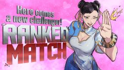 absurdres apologizing arm_behind_back black_hair braid breasts brown_hair capcom chinese_clothes chun-li cleavage double_bun gauntlets hair_bun highres juaag_acgy one_eye_closed short_hair street_fighter street_fighter_6 street_fighter_6_new_challenger_art_contest twin_braids