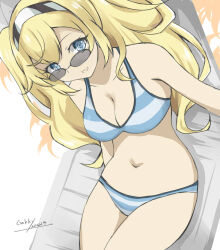 Rule 34 | 1girl, bikini, blonde hair, blue bikini, blue eyes, breasts, chair, cleavage, cowboy shot, gakky, gambier bay (kancolle), hairband, kantai collection, large breasts, long hair, looking over eyewear, lounge chair, navel, one-hour drawing challenge, solo, striped bikini, striped clothes, sunglasses, swimsuit, twintails