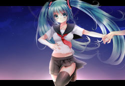 Rule 34 | 1girl, bad id, bad pixiv id, black thighhighs, green eyes, green hair, hatsune miku, holding hands, letterboxed, long hair, looking at viewer, matching hair/eyes, midriff, navel, neckerchief, pleated skirt, school uniform, serafuku, skirt, smile, solo, solo focus, thighhighs, tsukiriran, twintails, very long hair, vocaloid