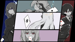 Rule 34 | 5girls, absurdres, ace (playing card), ace of clubs, ace of diamonds, ace of hearts, ace of spades, arius squad (blue archive), atsuko (blue archive), azusa (blue archive), black gloves, black hair, black jacket, black necktie, black pants, black suit, blue archive, card, club (shape), collared shirt, covering own mouth, diamond (shape), floating hair, formal, generic 33, gloves, green eyes, hair between eyes, hair ornament, hairclip, halo, heart, highres, hiyori (blue archive), jacket, joker (playing card), misaki (blue archive), multiple girls, necktie, ok sign, ok sign over eye, pants, pink eyes, playing card, purple eyes, red eyes, saori (blue archive), shirt, spade (shape), suit, suit jacket, white hair, white shirt