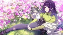 Rule 34 | 1girl, black footwear, black pantyhose, black skirt, blunt bangs, braid, breasts, commentary, dappled sunlight, day, diagonal bangs, ear piercing, earrings, field, flower, flower field, french braid, from above, game cg, grass, green sweater, hair ornament, hairclip, hands on own knee, idolmaster, idolmaster shiny colors, jewelry, kneeling, looking at viewer, low twintails, medium hair, official art, on ground, outdoors, outstretched leg, pantyhose, piercing, pink flower, purple eyes, purple hair, scarf, skirt, small breasts, smile, solo, sunlight, sweater, tanaka mamimi, turtleneck, turtleneck sweater, twintails, watch, white scarf, wristwatch, yellow nails