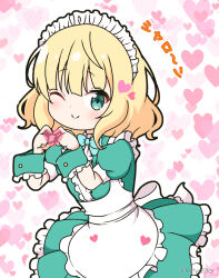 Rule 34 | 1girl, ;), alternate costume, apron, aqua dress, blonde hair, blue bow, blush, bow, center frills, collared dress, commentary request, dress, enmaided, frilled apron, frilled dress, frills, gochuumon wa usagi desu ka?, green eyes, hands up, heart, heart background, heart hands, kirima syaro, looking at viewer, maid, maid apron, maid headdress, mitya, one eye closed, pleated dress, simple background, smile, solo, translation request, twitter username, white apron, white background, wrist cuffs